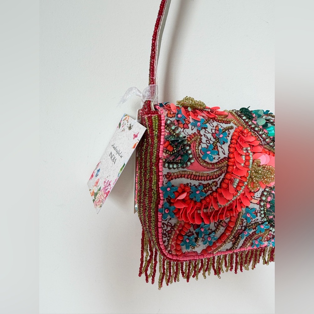 Viral beaded paisley colorful orange fringe Shoulder Bag - Picture 4 of 5